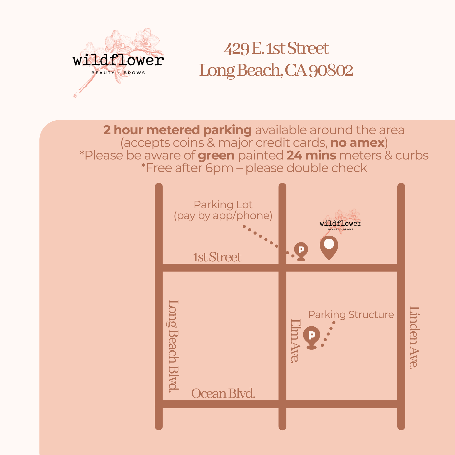 Map of Long Beach, California with locations for Wildflower Beauty + Brows, parking lot, and street names.