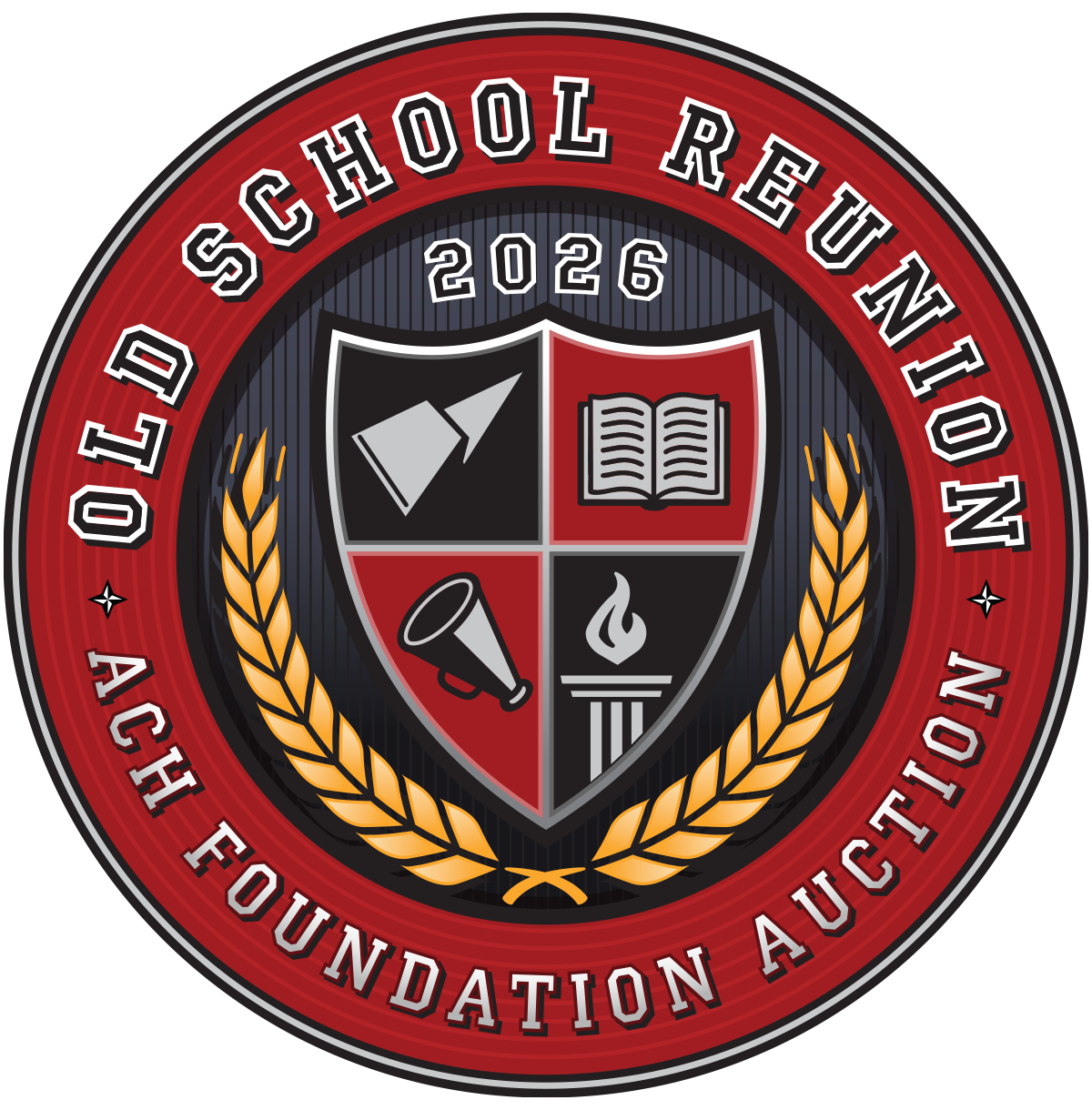 Logo for the 2026 ACH Auction, Old School Reunion. A circular graphic featuring 2 stalks of gold wheat curving around a shield containing a sports pennant, a textbook, a cheerleader's megaphone and the eternal flame of knowledge atop a stone pillar.