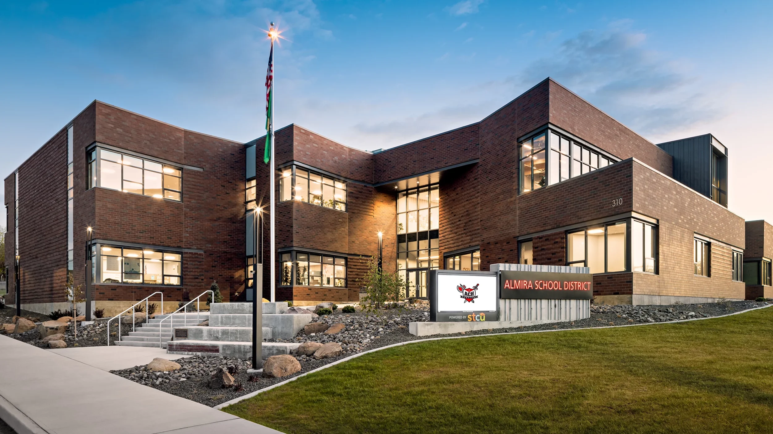 Photo of Almira Middle School at dusk.
