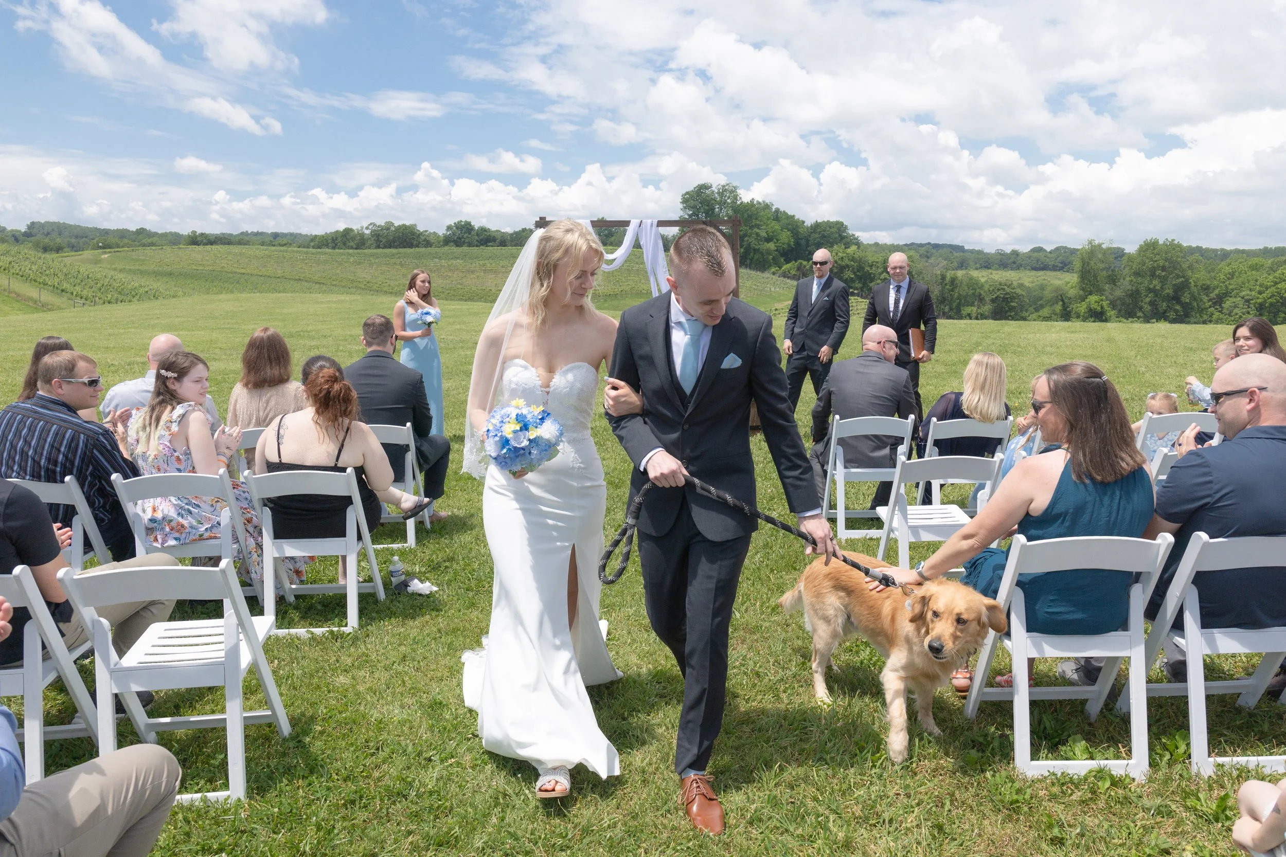 Bride and groom walking with a dog during an outdoor wedding ceremony in a green field, with guests seated on white chairs and blue sky overhead.