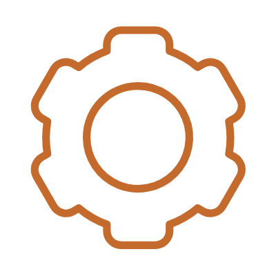 Outline of a gear or cogwheel in brown against a black background.