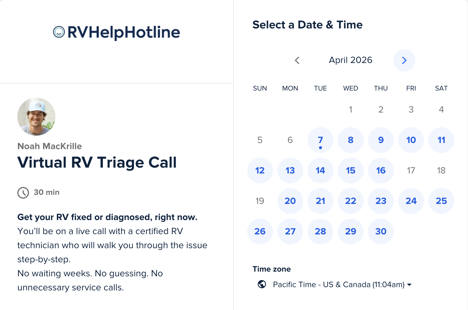 Instant rv video call support calendar