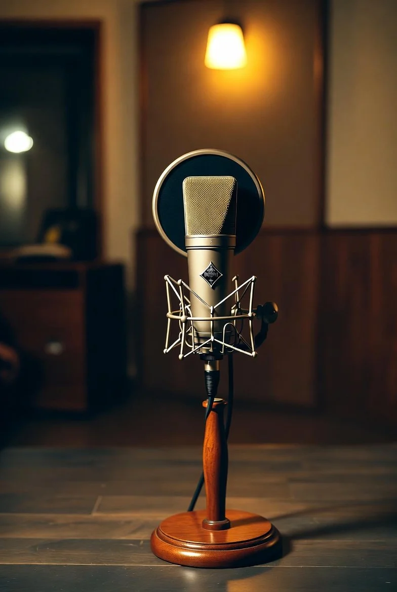 A vintage-style microphone on a wooden stand in a recording studio with warm lighting.