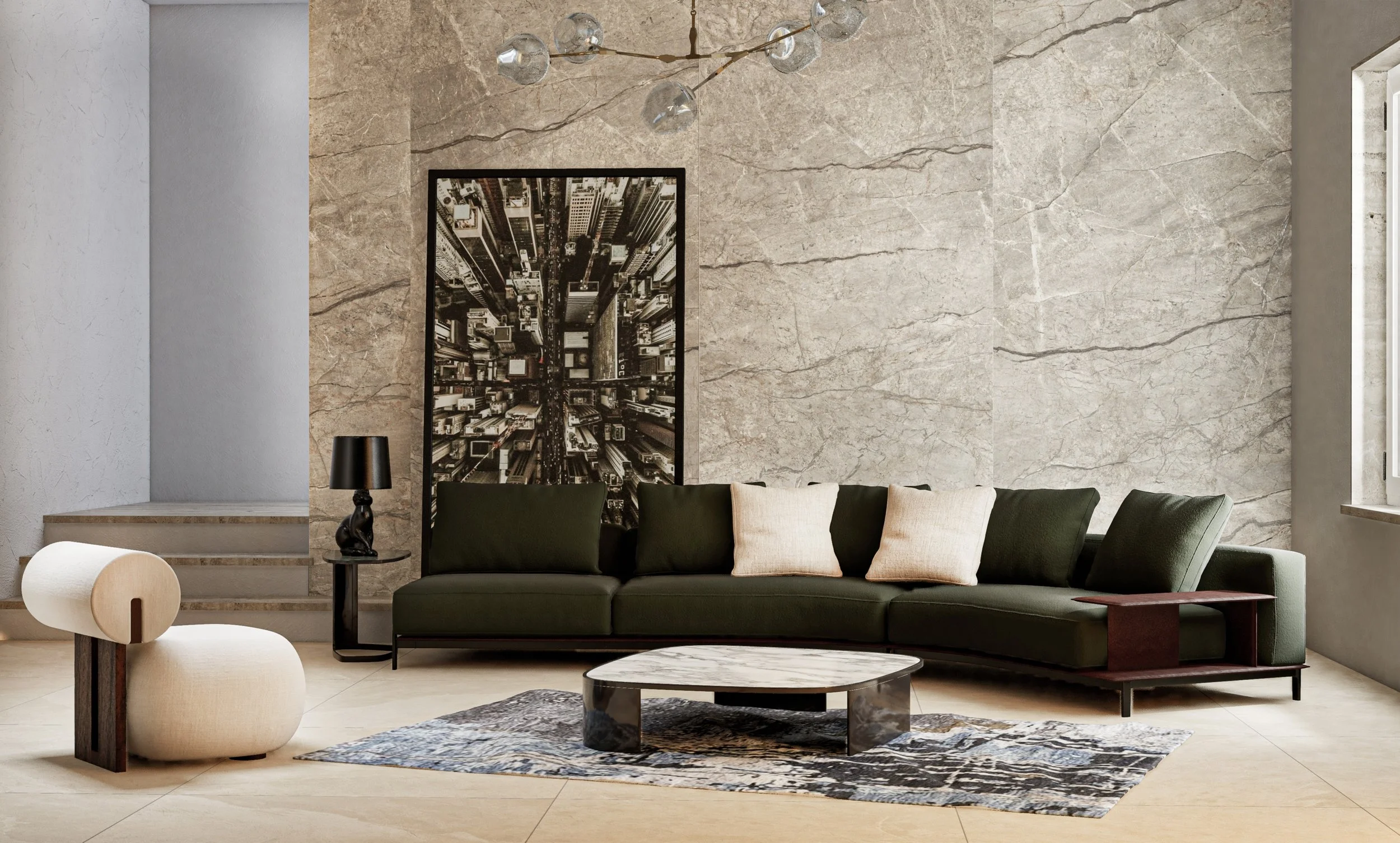 Modern living room with green sectional sofa, black side table with black lamp, beige armchair, round marble coffee table, abstract area rug, textured stone wall, black and white cityscape artwork, and an angled window.