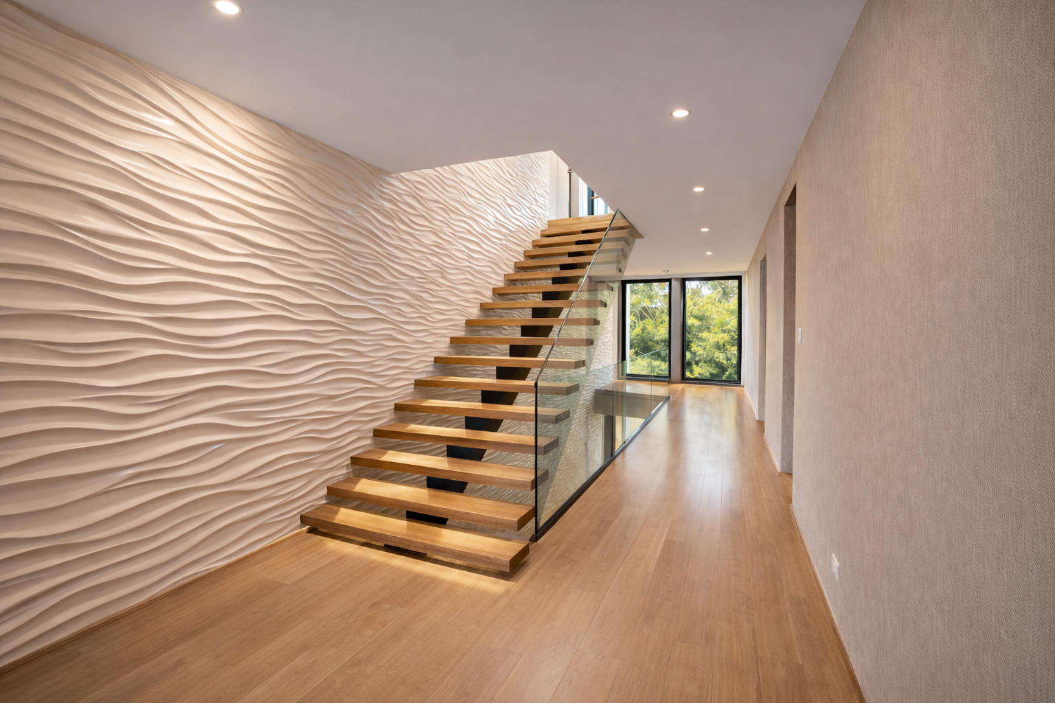 Interior of a modern home with a floating wooden staircase and a textured wall with wavy patterns, large windows showing green trees outside, and wood flooring.
