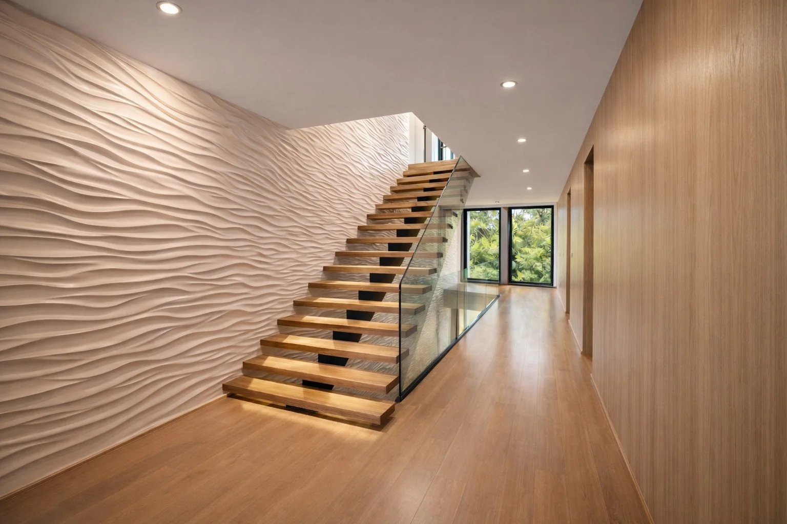 Modern interior staircase with wooden steps, glass railing, and textured wall with wave patterns in a spacious hallway with wood flooring and large window doors opening to greenery outside.
