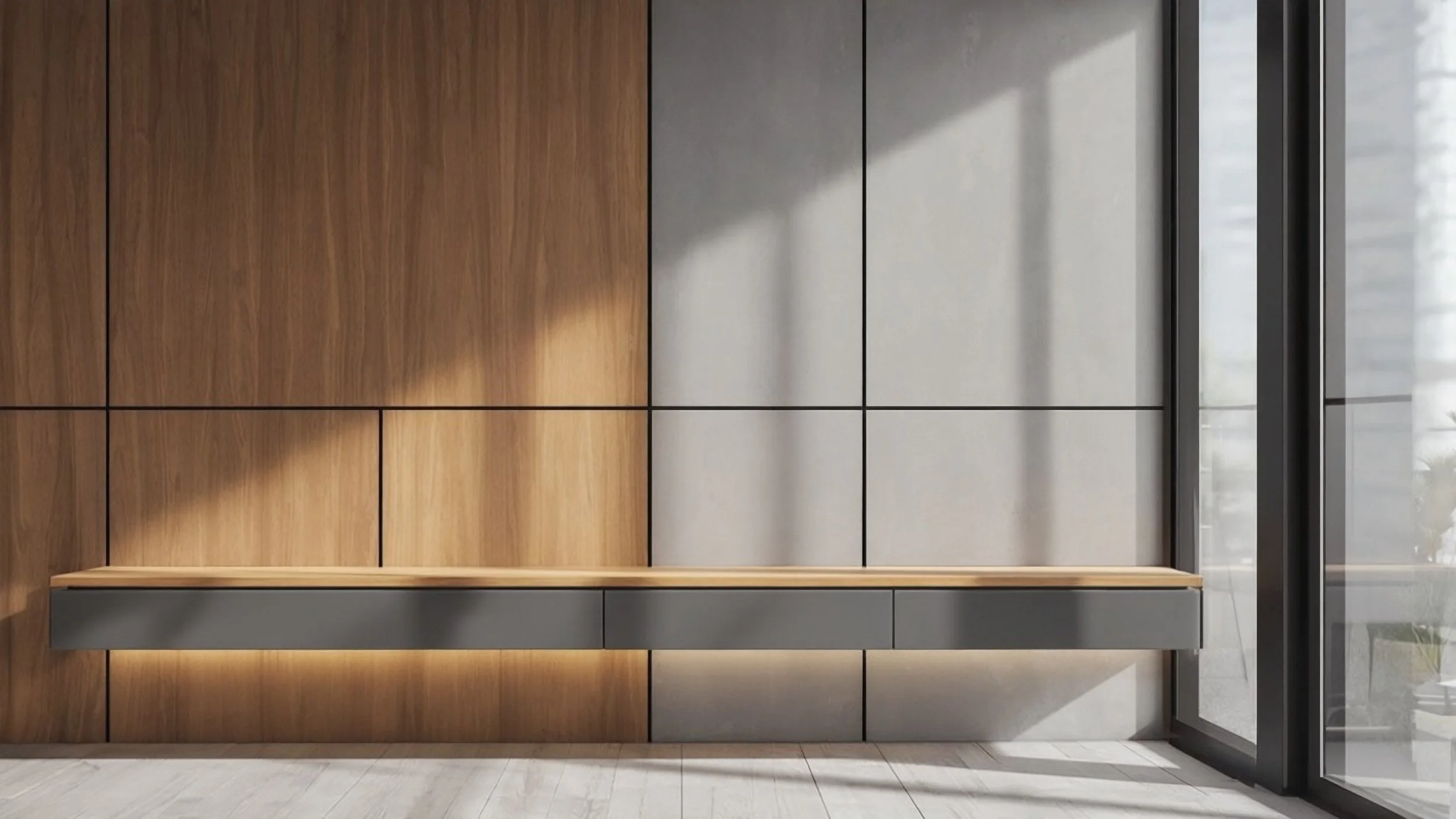 Modern interior with a wood-paneled wall, a floating grey bench, and large glass door allowing sunlight to cast shadows.