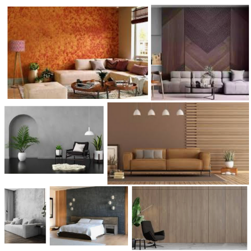 Collage of six living rooms with sofas, chairs, and decor in various interior styles.
