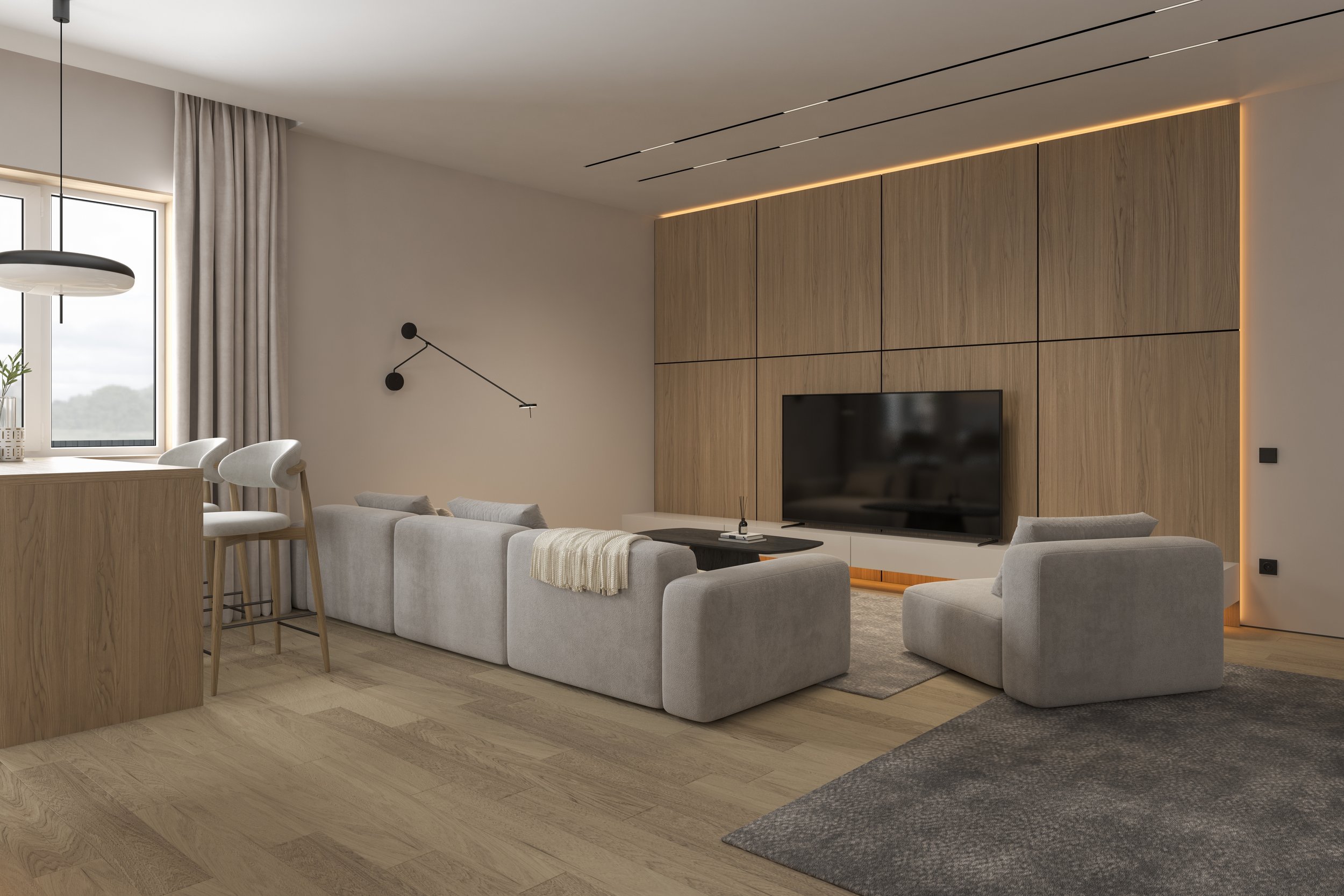 Modern living room with gray sectional sofa, single armchair, wooden TV wall, flat-screen TV, black coffee table, beige curtains, wooden flooring, window with view, and contemporary lighting.