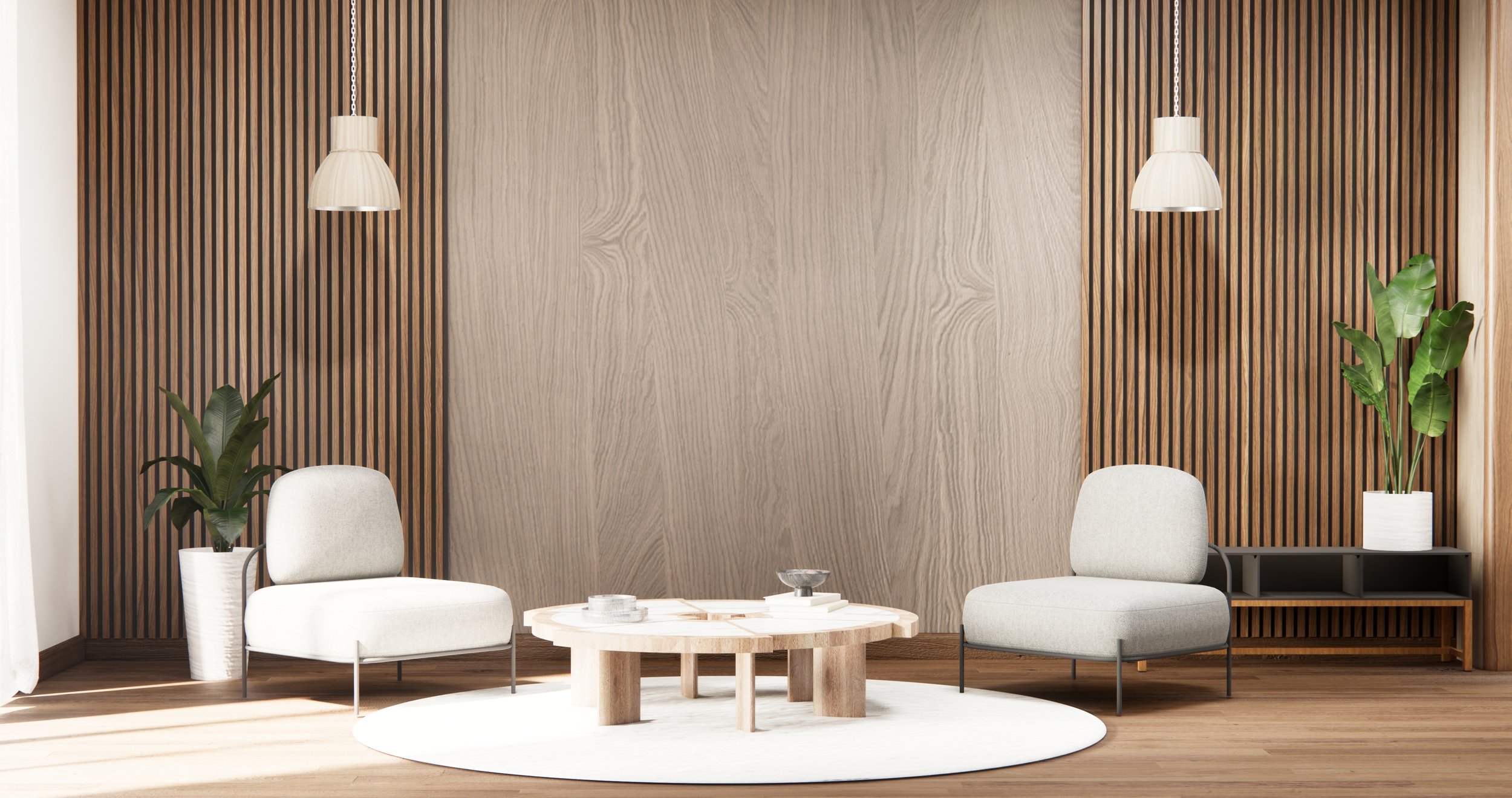 Modern living room with two white armchairs, a round wooden coffee table, green potted plants, two hanging pendant lights, a wooden accent wall, a white rug, and a side table.