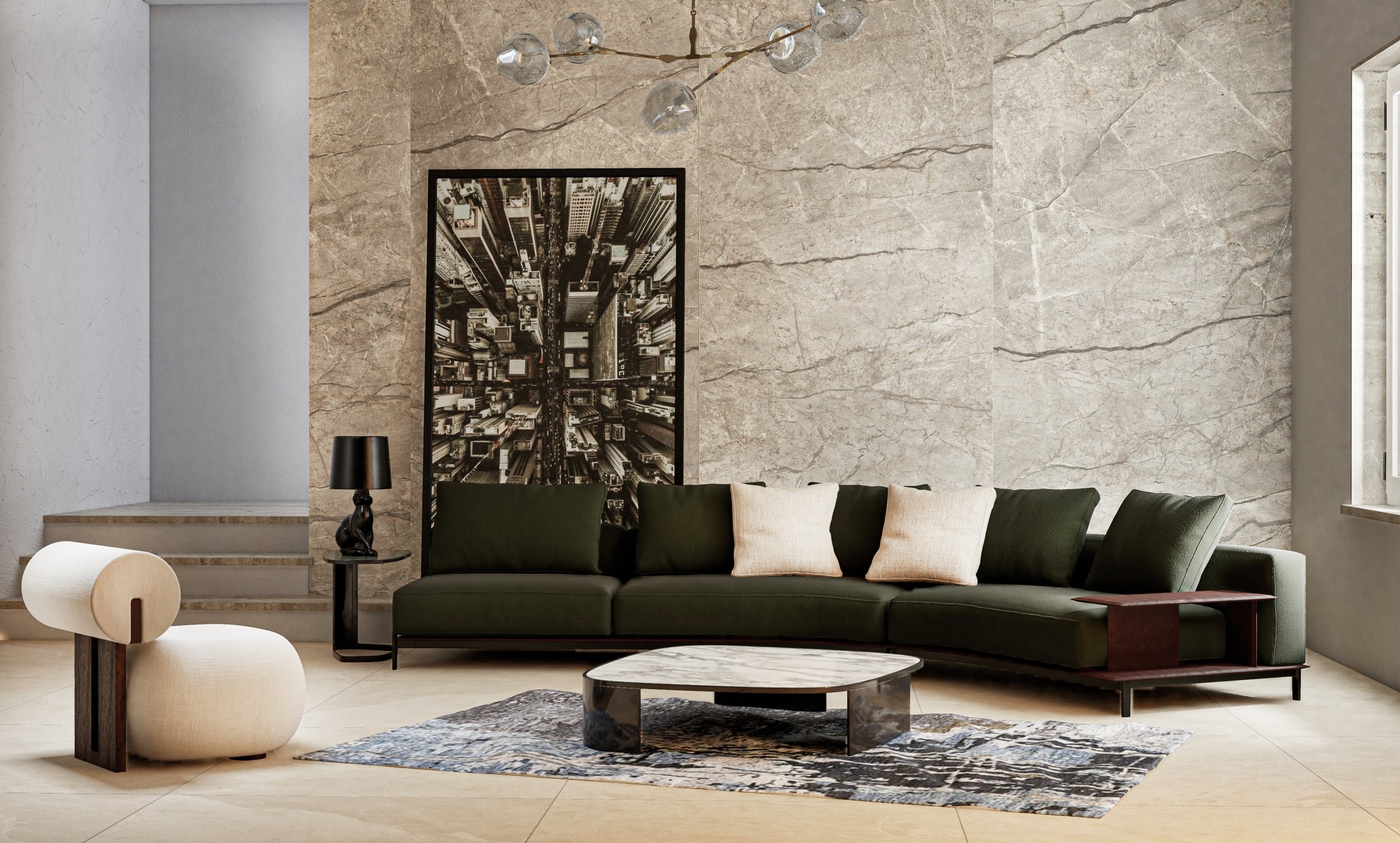 Modern living room with a dark green sectional sofa, beige pillows, black side table with a black lamp, stone wall with a cityscape artwork, marble round coffee table, off-white armchair, and a textured area rug.