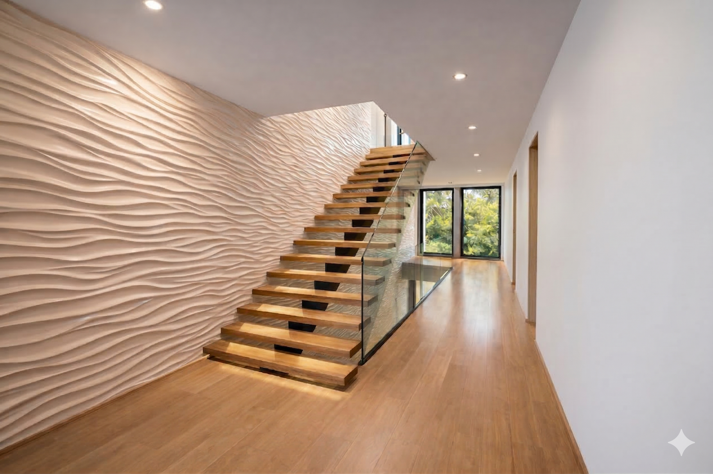Modern interior with wooden floating stairs, textured beige wall, hardwood flooring, and large glass doors leading to greenery outside.