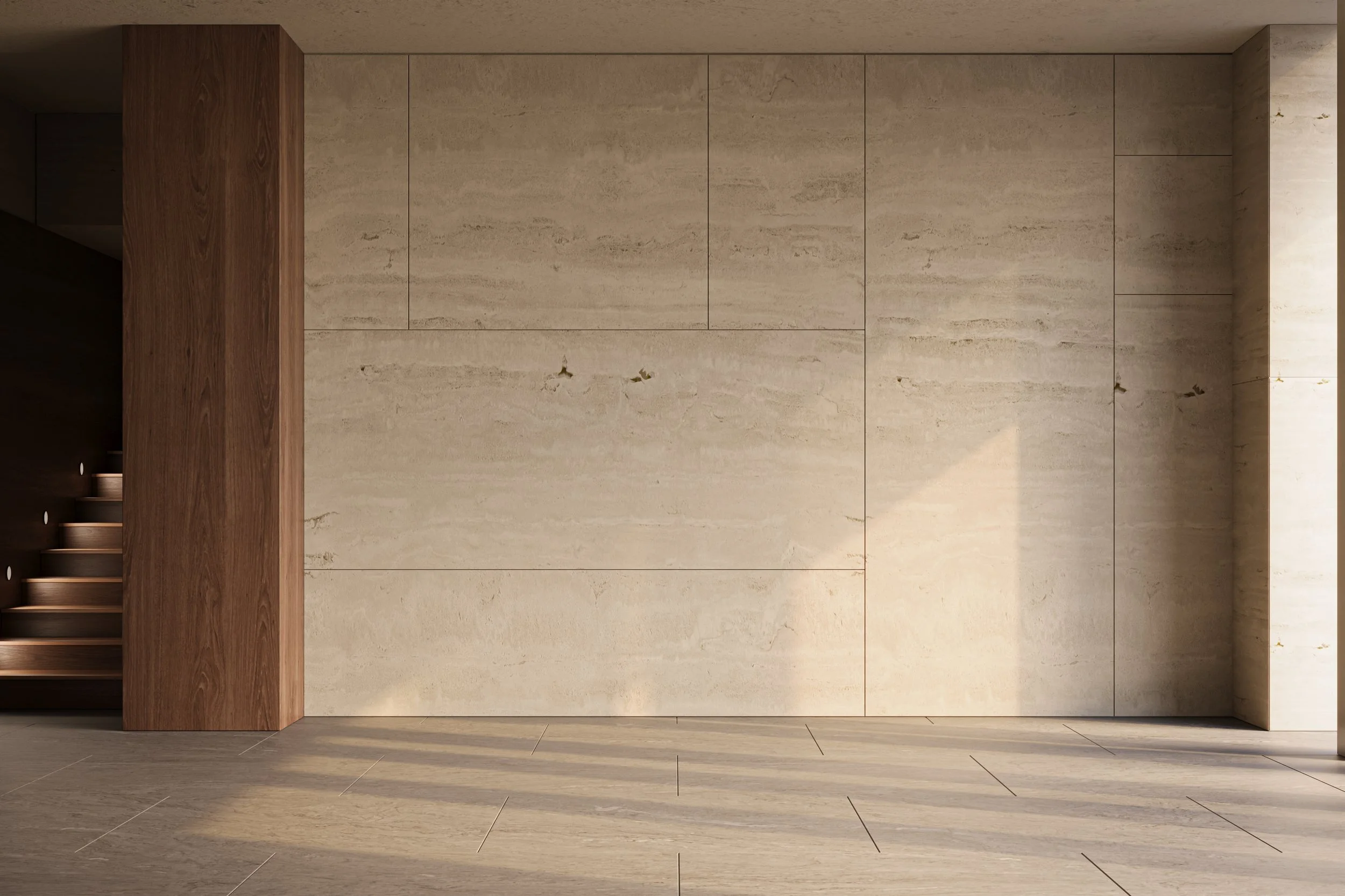Minimalist interior wall with beige stone tiles, wooden column, and wooden stairs partially visible on the left.