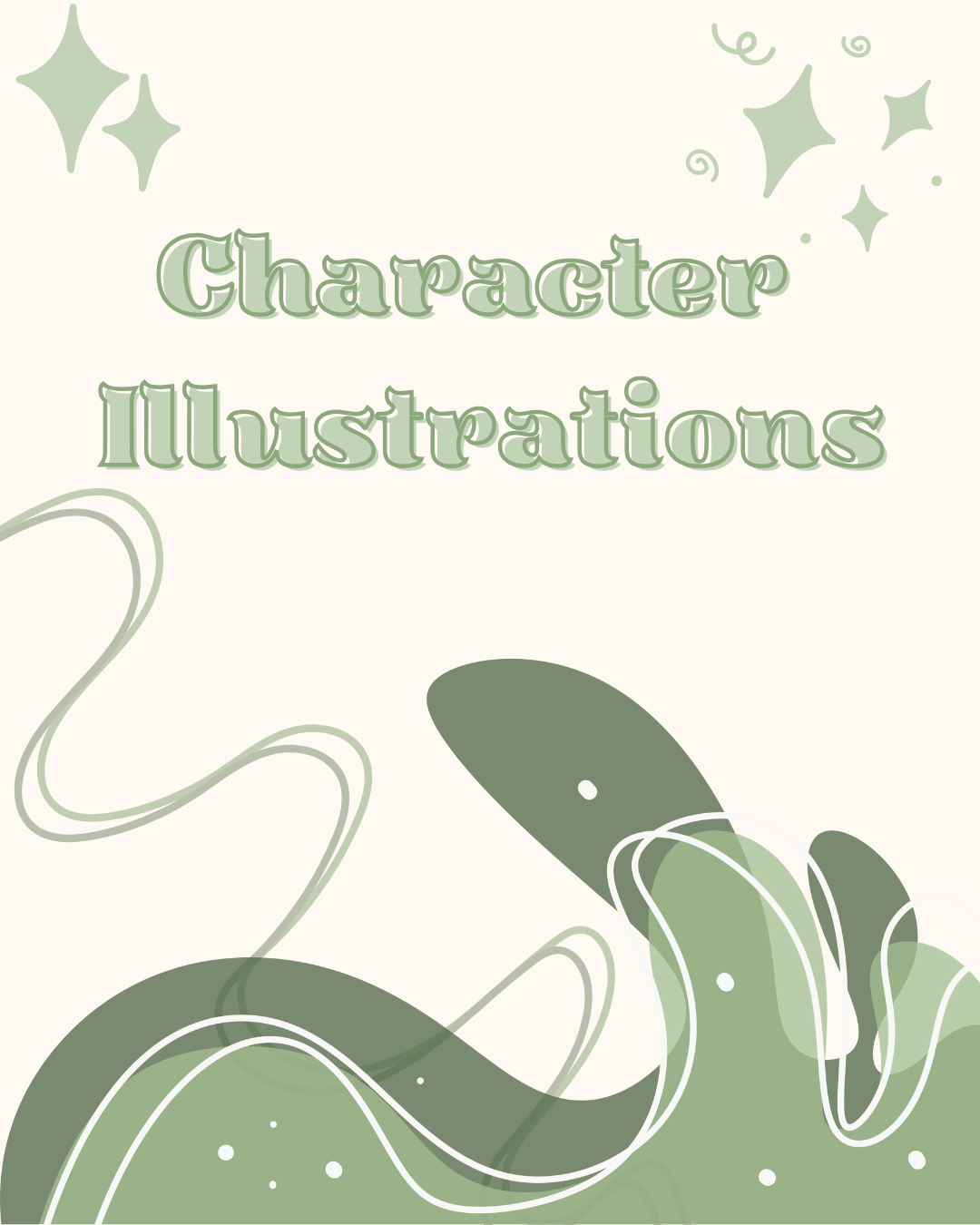 An illustration of a smiling snake with a green body, resting on a stylized landscape background with abstract stars and swirls, in soft green hues.