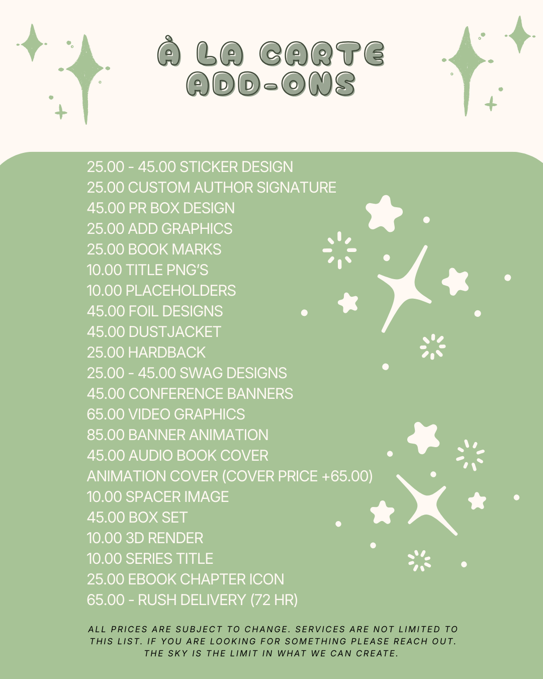Promotional flyer listing various digital products and services with prices, such as sticker designs, custom signatures, graphics, book marks, PNG titles, foil designs, and more, on a light green background decorated with white star and spark shapes.