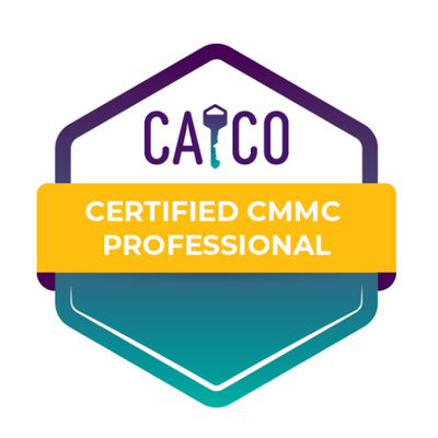 Logo with a house-shaped outline, featuring the text 'CATCO' with a key icon replacing the 'T', and a yellow banner reading 'CERTIFIED CMMC PROFESSIONAL'.