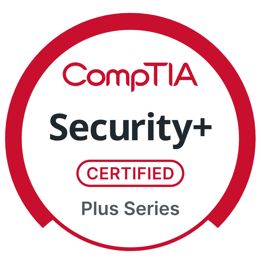 Certification badge with red border reading 'CompTIA Security+ CERTIFIED Plus Series' in black and red text.