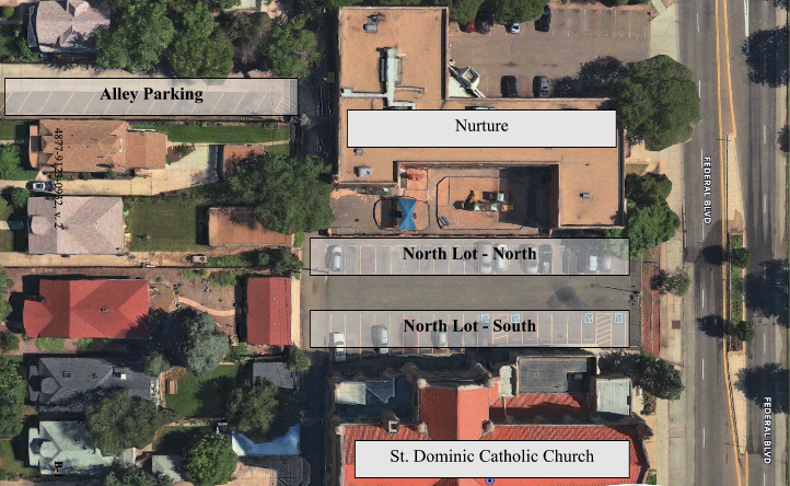 Aerial view of a building complex with labeled parking areas including Alley Parking, North Lot North and South, and a church labeled St. Dominic Catholic Church. There is also an area labeled Nurture. The complex is bordered by Federal Blvd.