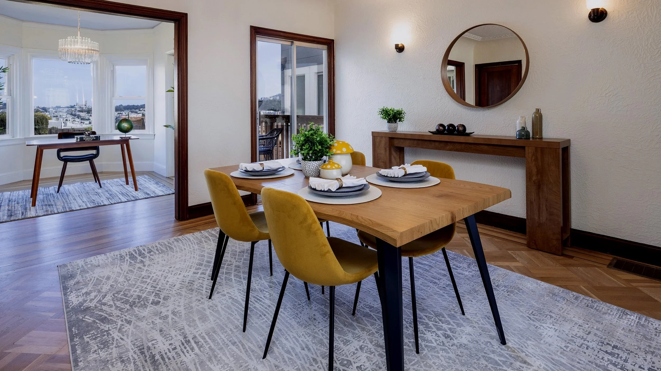 Mid-century style console table and seating area in staged San Francisco living room