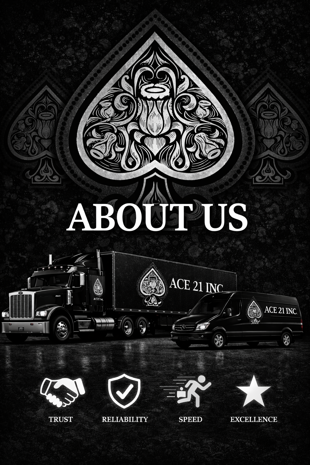 A black and white graphic featuring a large spade symbol with intricate patterns inside, and the words "ABOUT US" below it. Two trucks with the logo and name "ACE 21 INC" are depicted beneath the text. At the bottom are icons representing trust, reliability, speed, and excellence with corresponding labels.