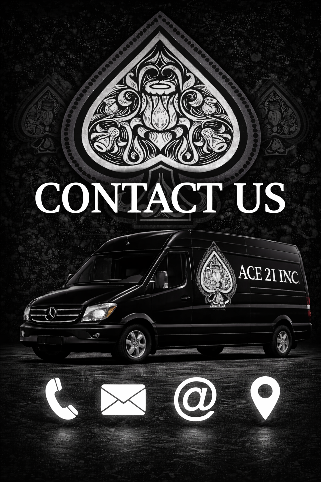 A black van with white contact information and a decorative spade-shaped logo with intricate designs. The text includes 'CONTACT US,' a phone icon, an email icon, an at symbol, and a location pin icon, all in white.