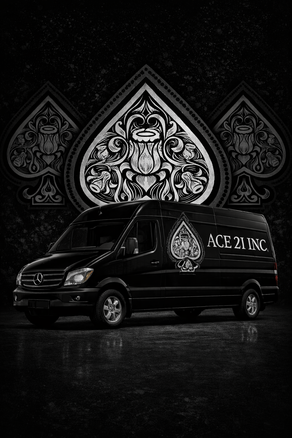 A black Mercedes-Benz van with the logo of ACE 21 INC, featuring a spade symbol with intricate designs, is parked in front of a large, ornate spade logo on a dark background.