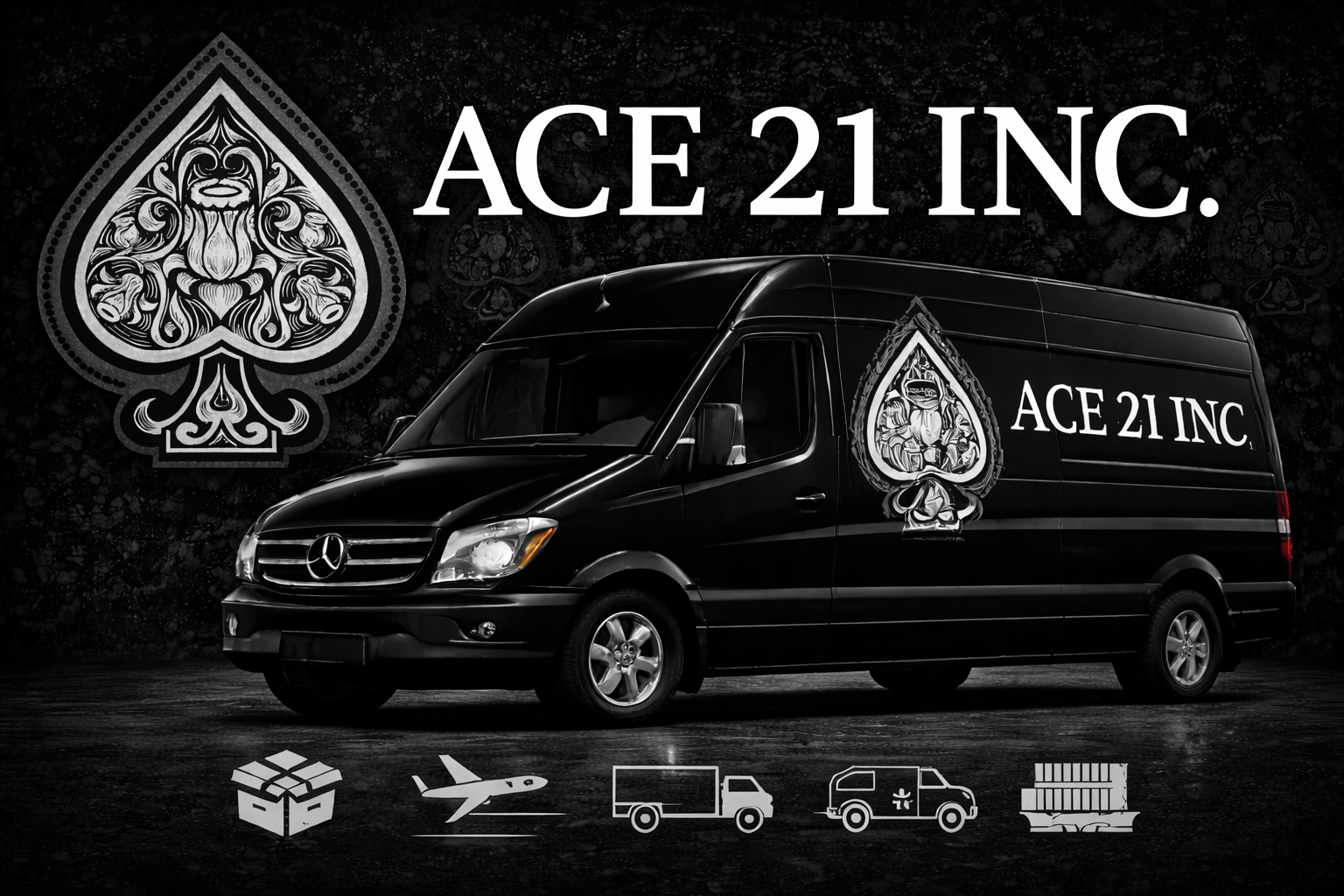 Black Mercedes-Benz Sprinter van with ACE 21 INC branding, featuring a large ace of spades card logo with intricate design elements on the side and background, along with icons for package delivery, flight, truck transport, medical emergency, and stacking boxes at the bottom.