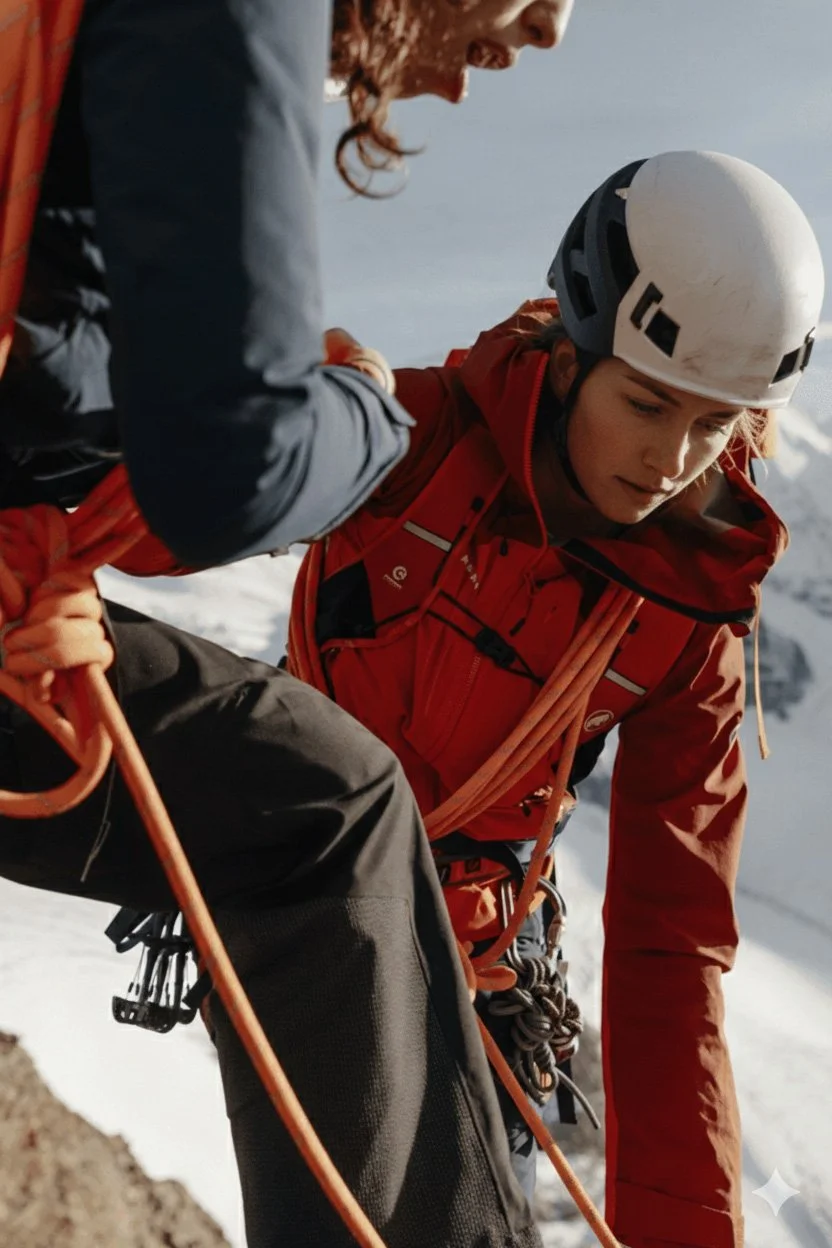 Two mountaineers, one in a red jacket and helmet, engaged in a technical climb on a snow-covered mountain, with one assisting the other.