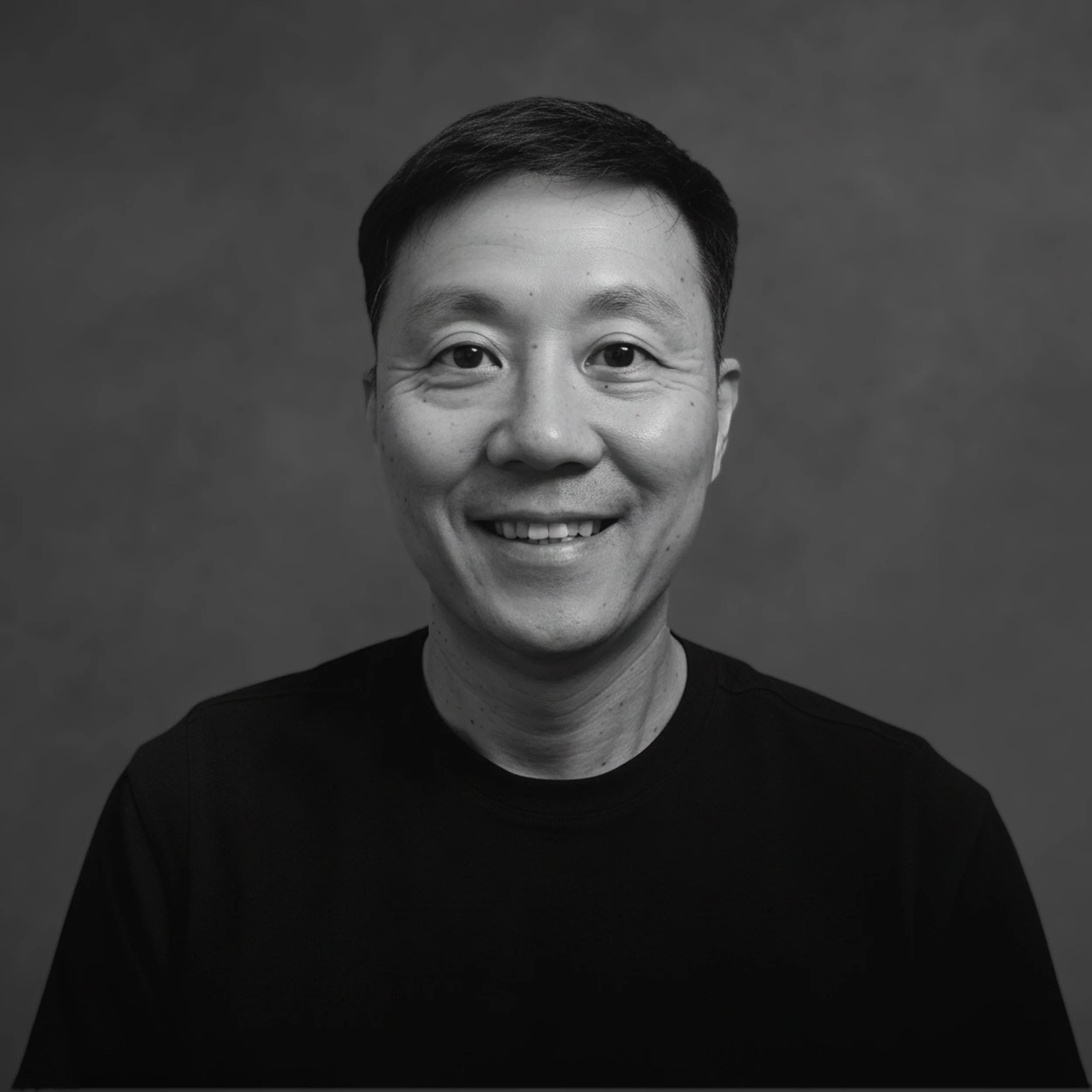 Black and white portrait of a smiling man with short hair, wearing a black shirt, against a plain background.