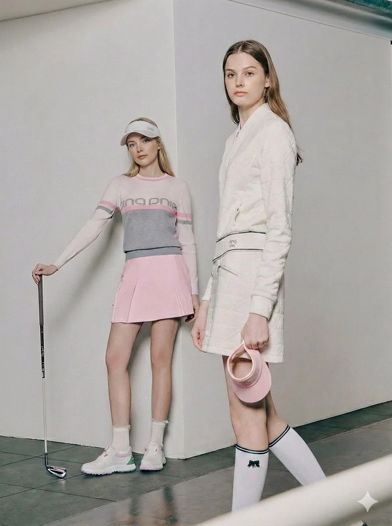 Two young women in sporty, pastel-colored licensed outfits pose indoors against a plain wall. One is holding a golf club, and the other holds a pink cap. Both wear knee-high socks and sneakers.