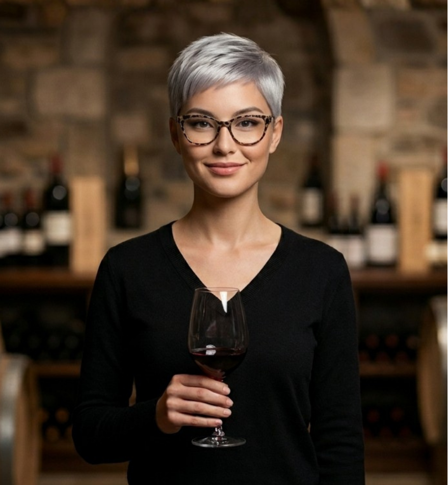 A woman with short silver hair and glasses holding a glass of red wine in a wine cellar or bar setting.