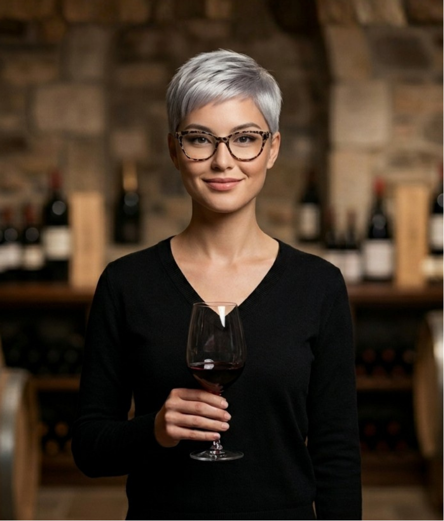 Woman with short gray hair, wearing glasses and a black sweater, holding a glass of red wine, standing in front of a wine rack in a wine cellar or bar.