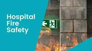 Hospital fire safety sign with a fire and flames at the bottom and an emergency exit arrow
