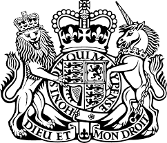 A detailed black and white illustration of the Royal Coat of Arms of the United Kingdom, featuring a crowned lion and a unicorn supporting a shield with various heraldic symbols.