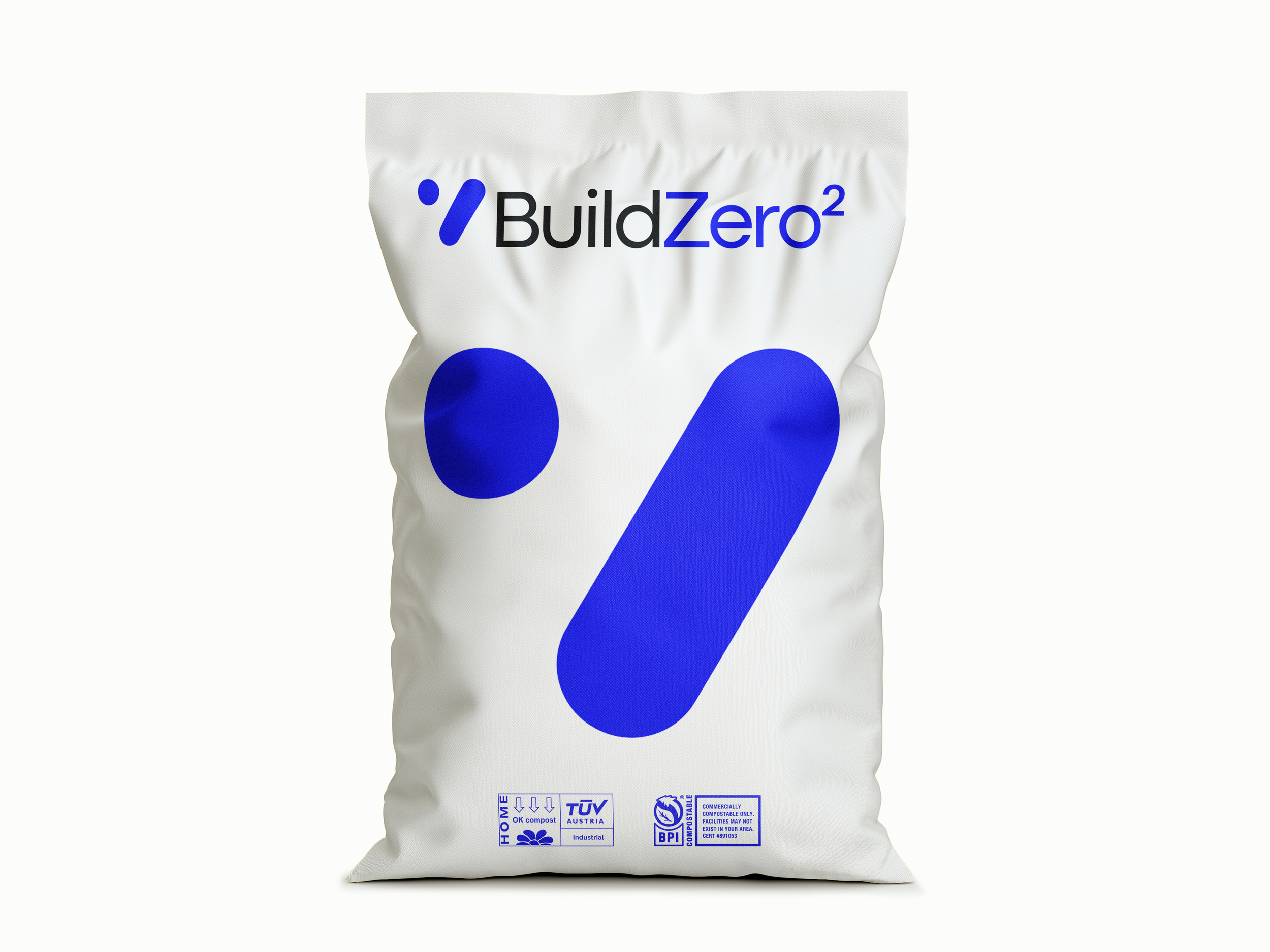 White bag of BuildZero2 cleaning product with blue abstract design and logos.