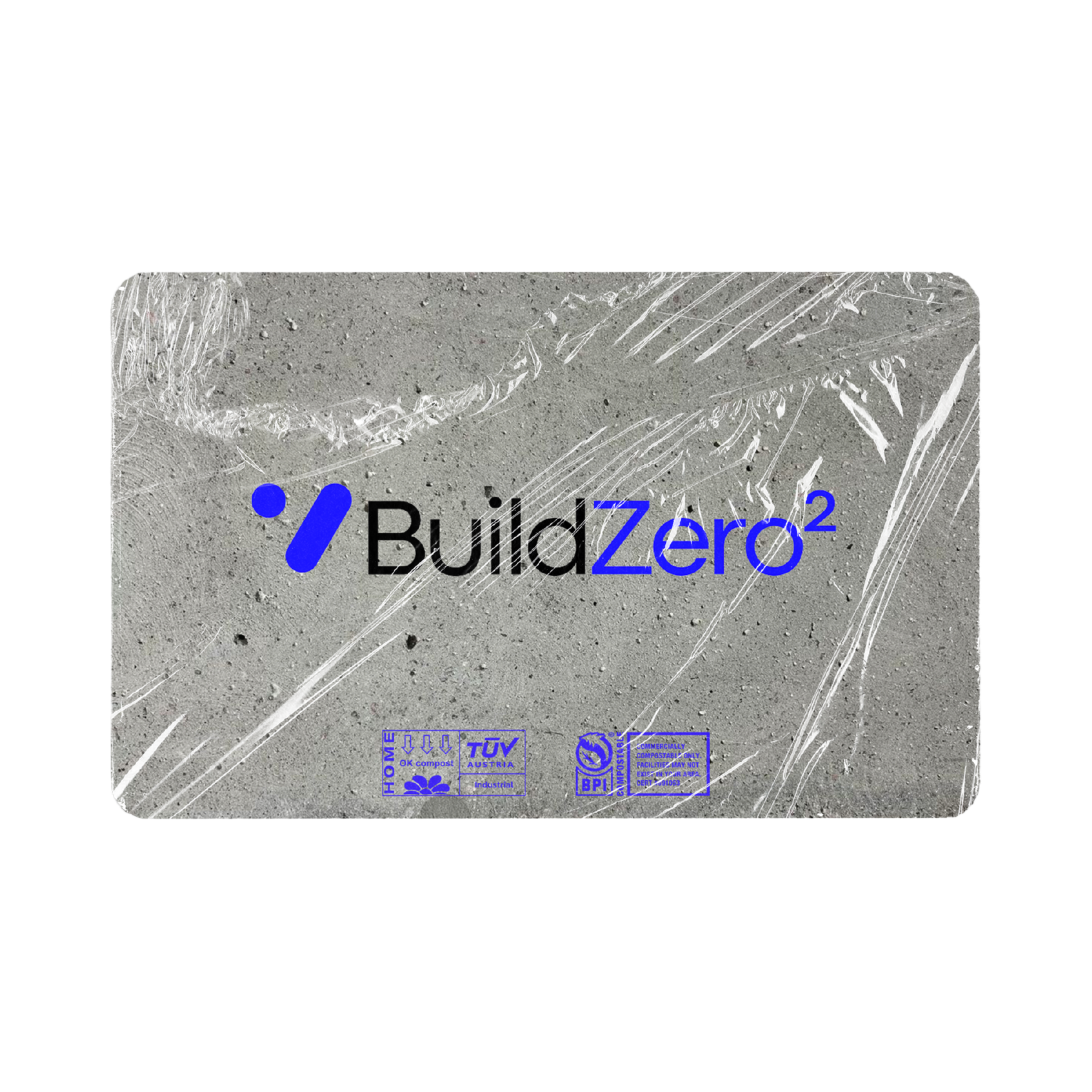 Front view of a BuildZero-branded insulation product in clear plastic wrapping with various certification logos in blue at the bottom.