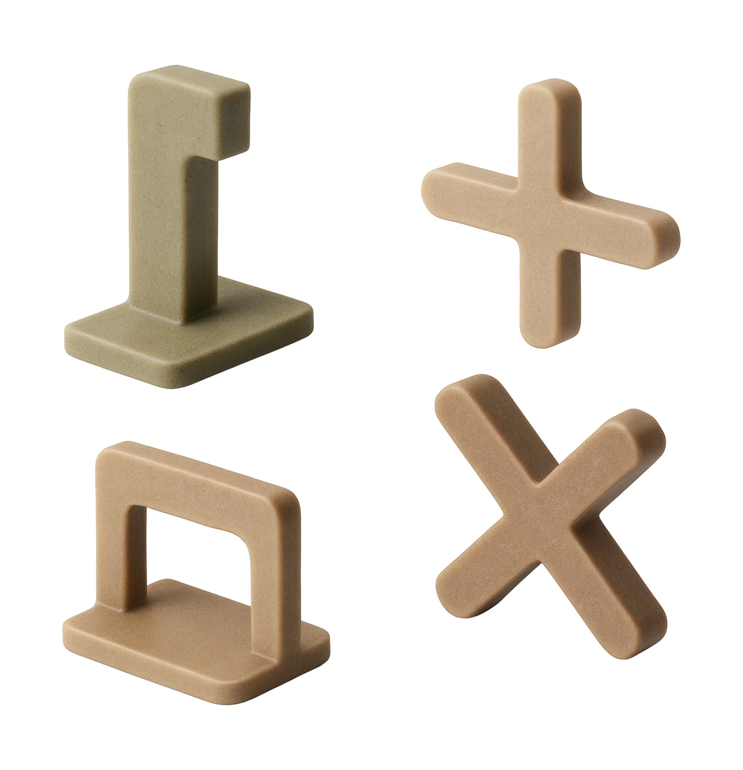 Four ceramic game pieces in beige and green colors, shaped as a vertical stick, a plus sign, a square arch, and an X, arranged on a white background.