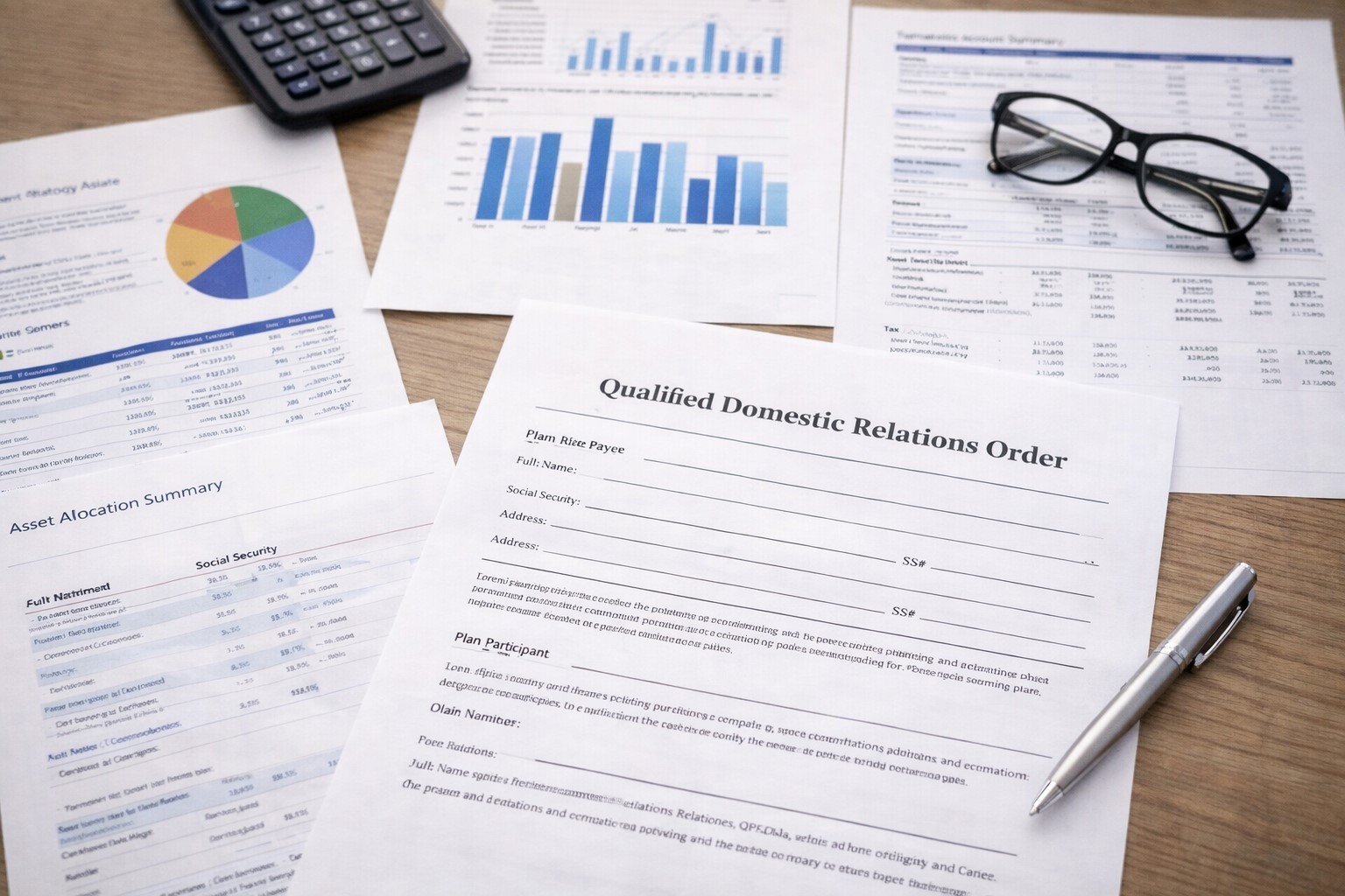 Various business documents and reports on a wooden desk, including charts, graphs, a pair of glasses, a calculator, and a silver pen.