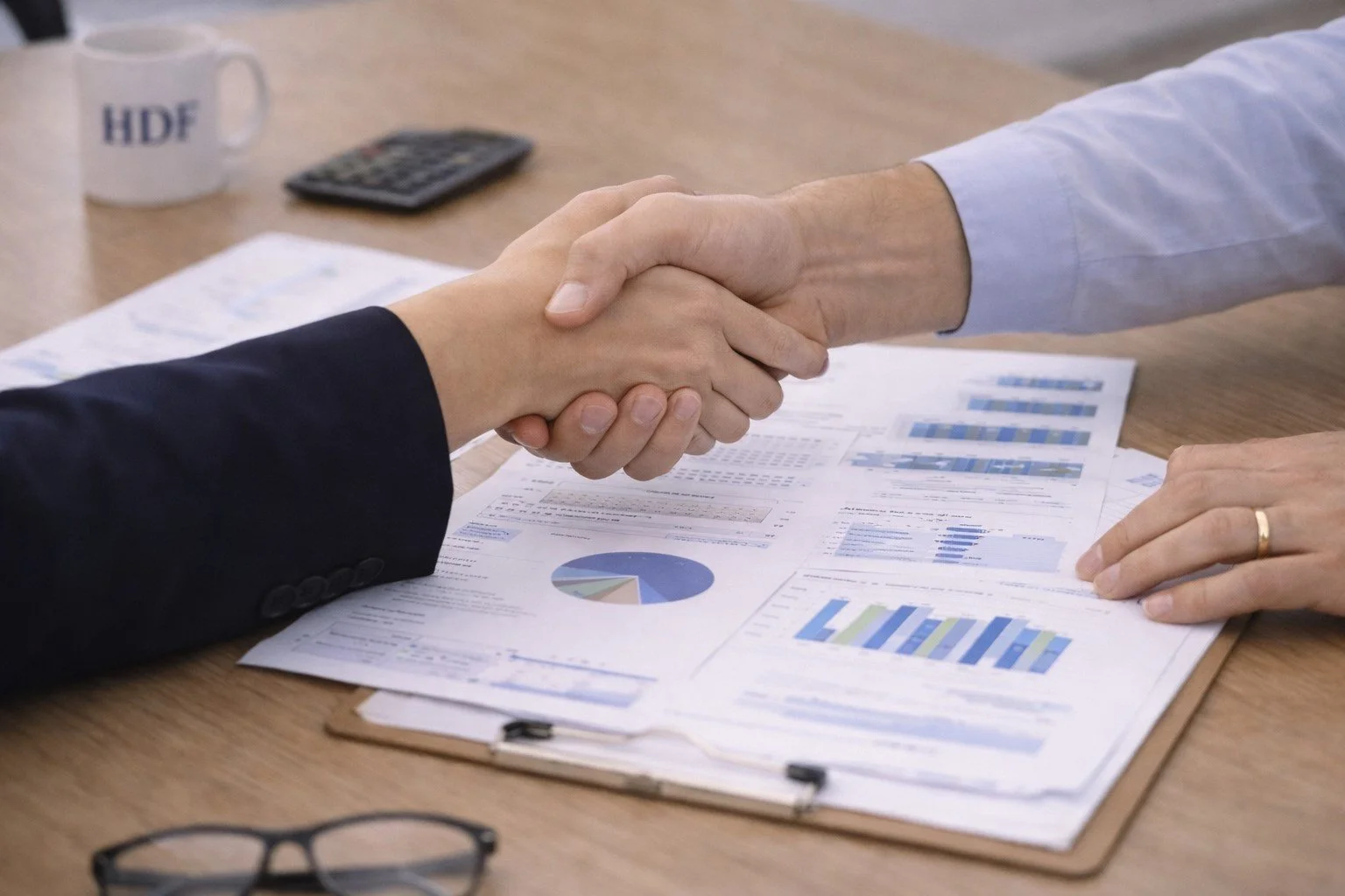 Two individuals shaking hands over a document with charts and graphs on a desk, with office supplies like a calculator, mug, and glasses nearby.