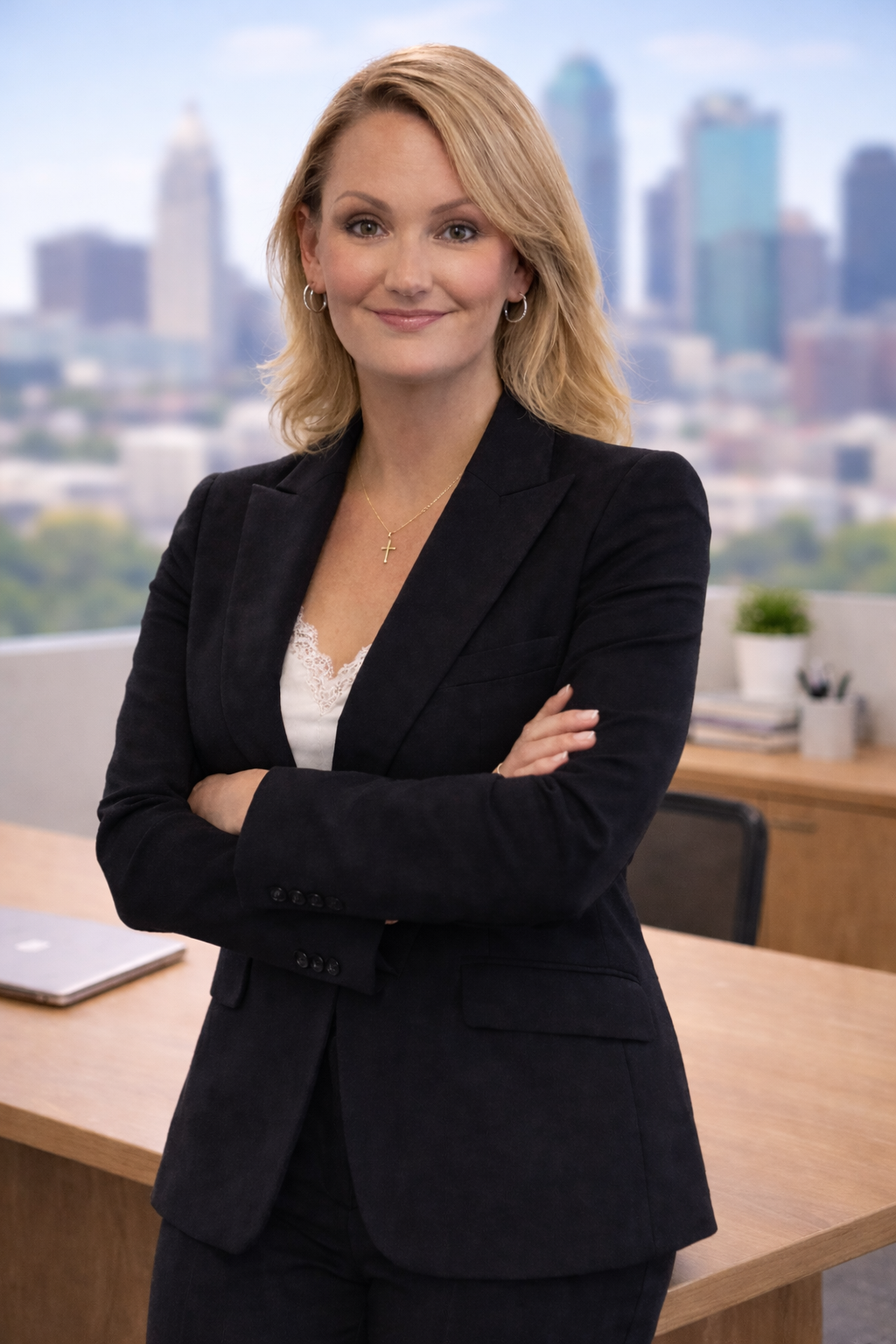 A confident woman with blonde hair in a professional black blazer stands with her arms crossed in a modern office, with a city skyline visible through the window in the background.