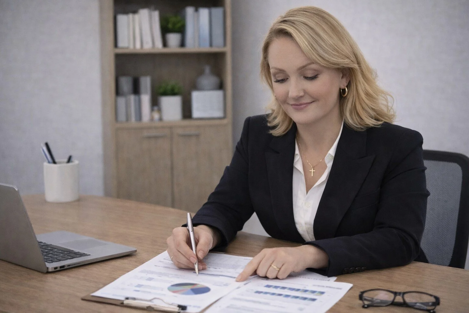 A woman with blond hair wearing a black blazer and white blouse sitting at a desk, working on documents with charts and graphs, in an office setting.