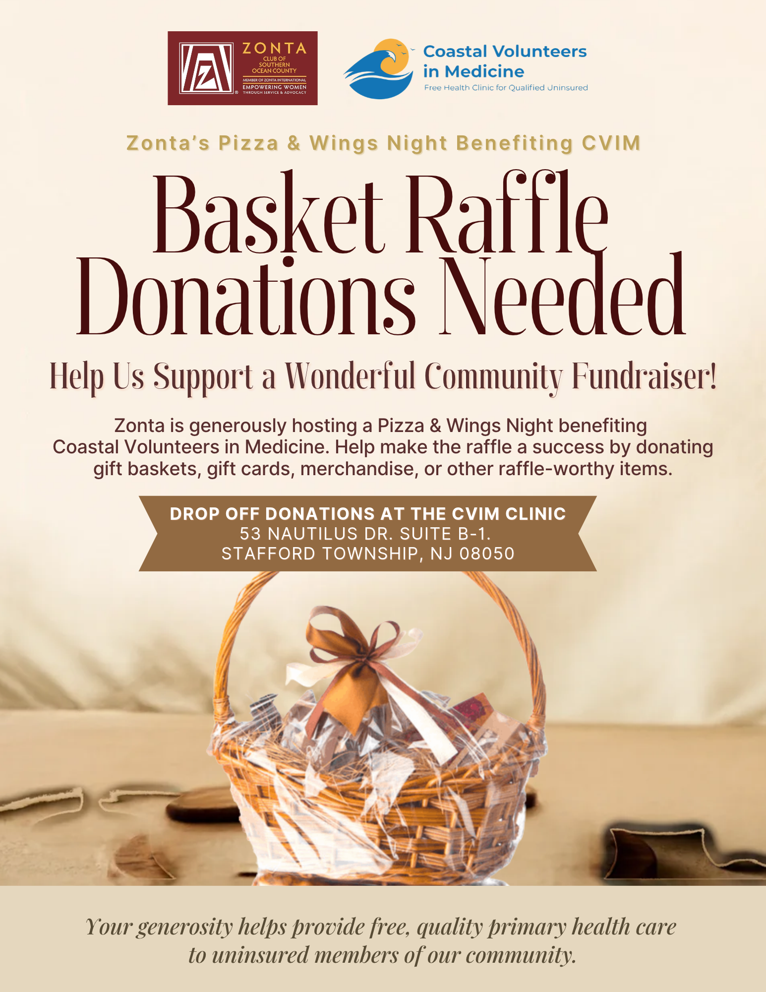 Help Us Fill the Baskets! Donations Needed for Zonta’s Pizza &amp; Wings Night