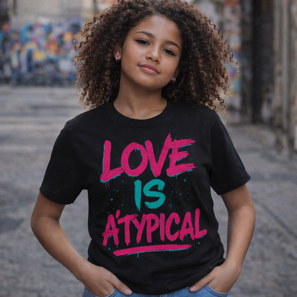 A young woman with curly hair standing outdoors in an urban area wearing a black t-shirt that says 'LOVE IS A TYPICAL' in pink and blue graffiti-style text.