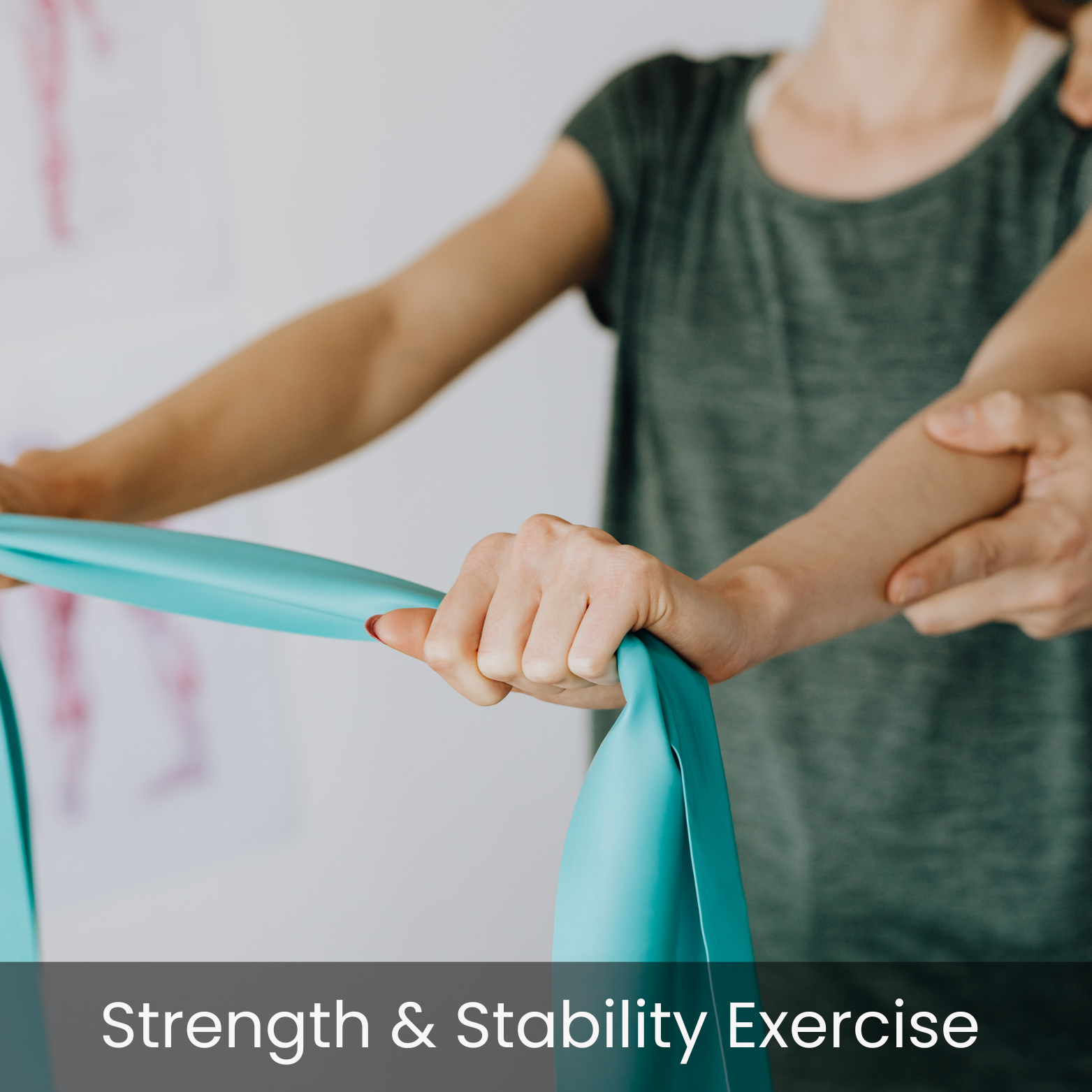 A person performing a strength and stability exercise with resistance bands, focusing on upper-arm muscles, in a fitness or therapy setting.