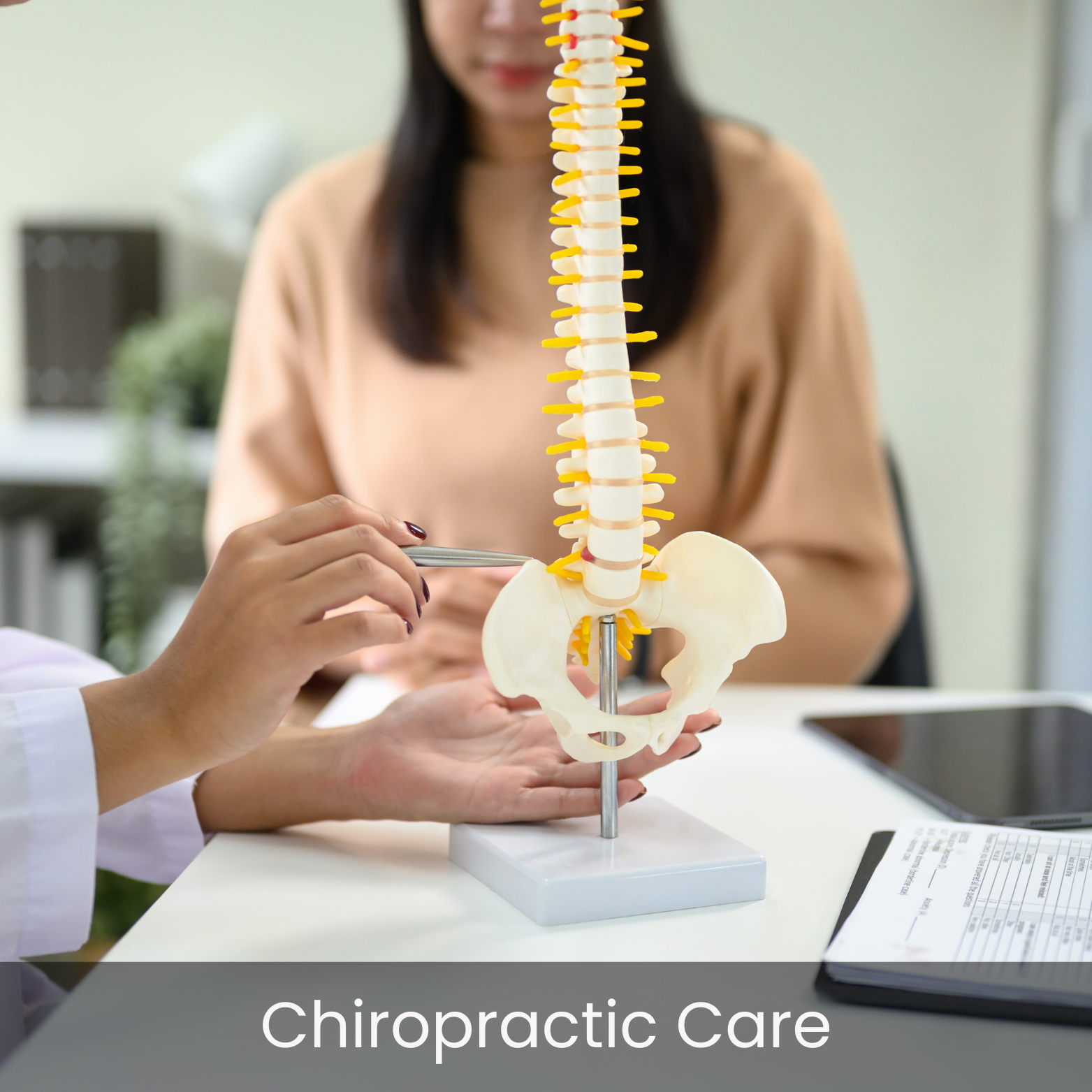 Close-up of a skeleton model of the spine and pelvis on a table, with two people discussing or demonstrating chiropractic care, one person pointing at the model with a pen. Background shows a blurred office or clinic space.
