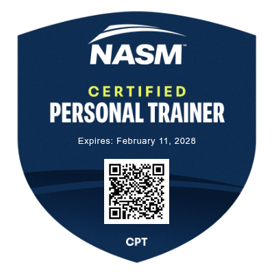 NASM Certified Personal Trainer badge with expiration date February 11, 2028, and a QR code.