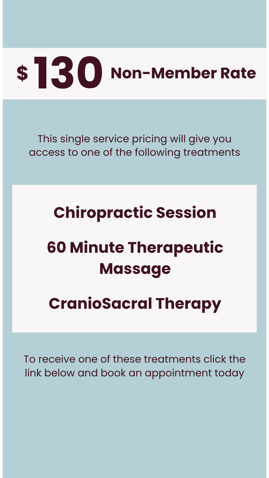 Pricing sign showing a non-member rate of 130 dollars for chiropractic, massage, or craniosacral therapy, with instructions to book an appointment through a provided link.