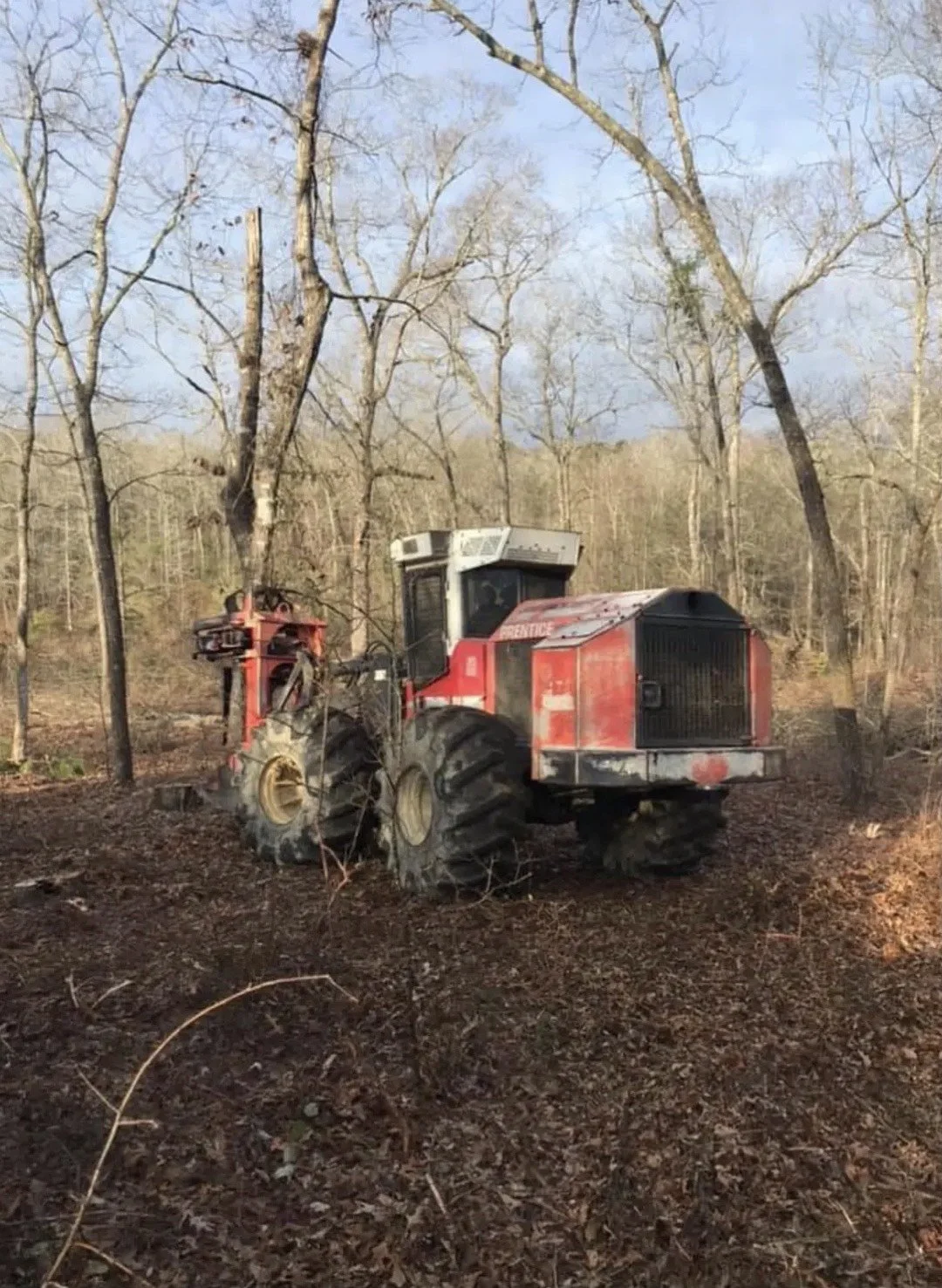 A red tractor working in a wooded area with trees and fallen leaves on the ground.