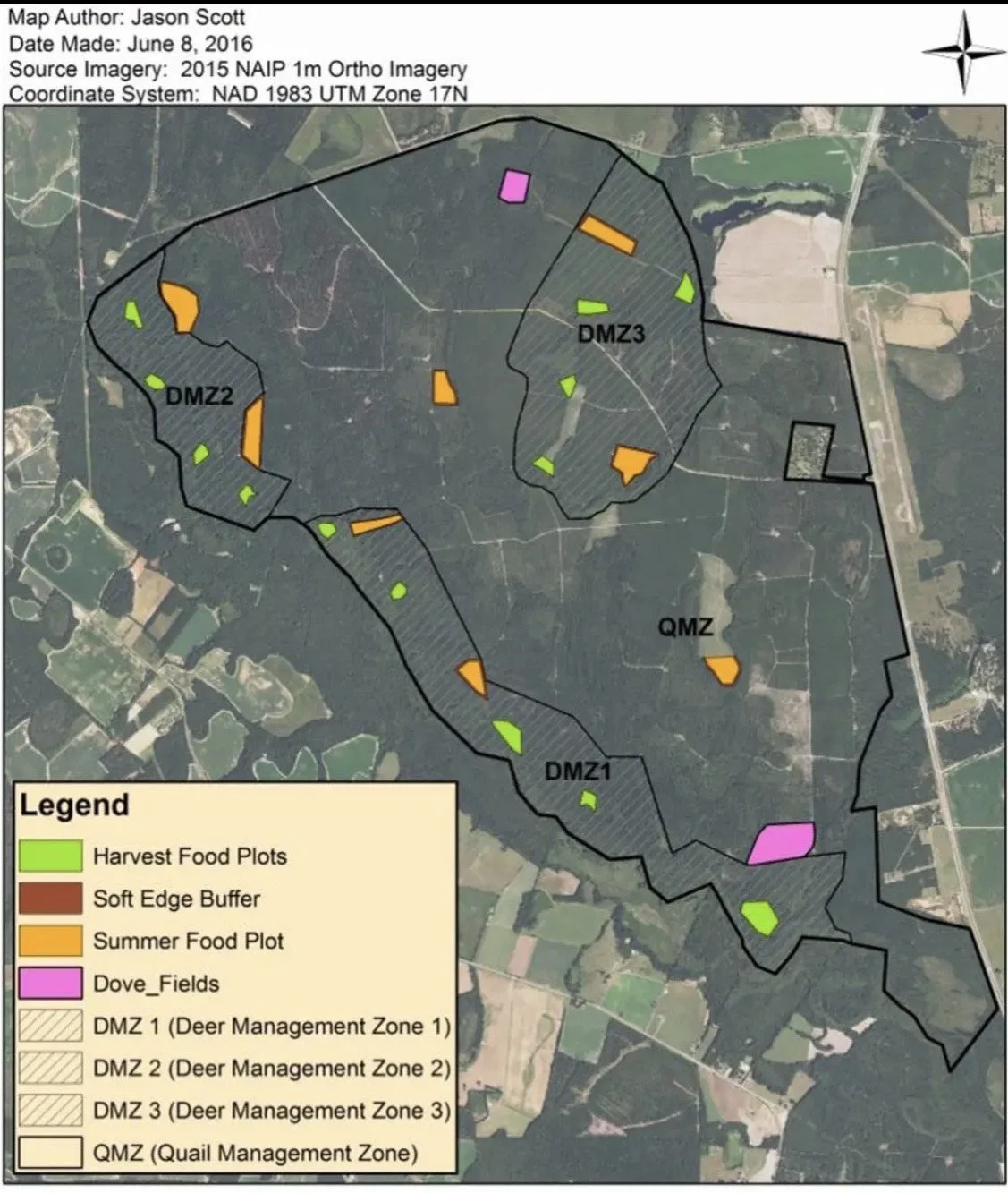 Map showing different zones within a wildlife management area, including Deer Management Zones DMZ1, DMZ2, DMZ3, and a Quail Management Zone (QMZ). The map features various color-coded plots: green for harvest food plots, orange for summer food plots, pink for dove fields, along with designated buffer zones. The map was created by Jason Scott on June 8, 2016, using 2015 NAIP orthomosaic imagery, with the coordinate system NAD 1983 UTM Zone 17N.