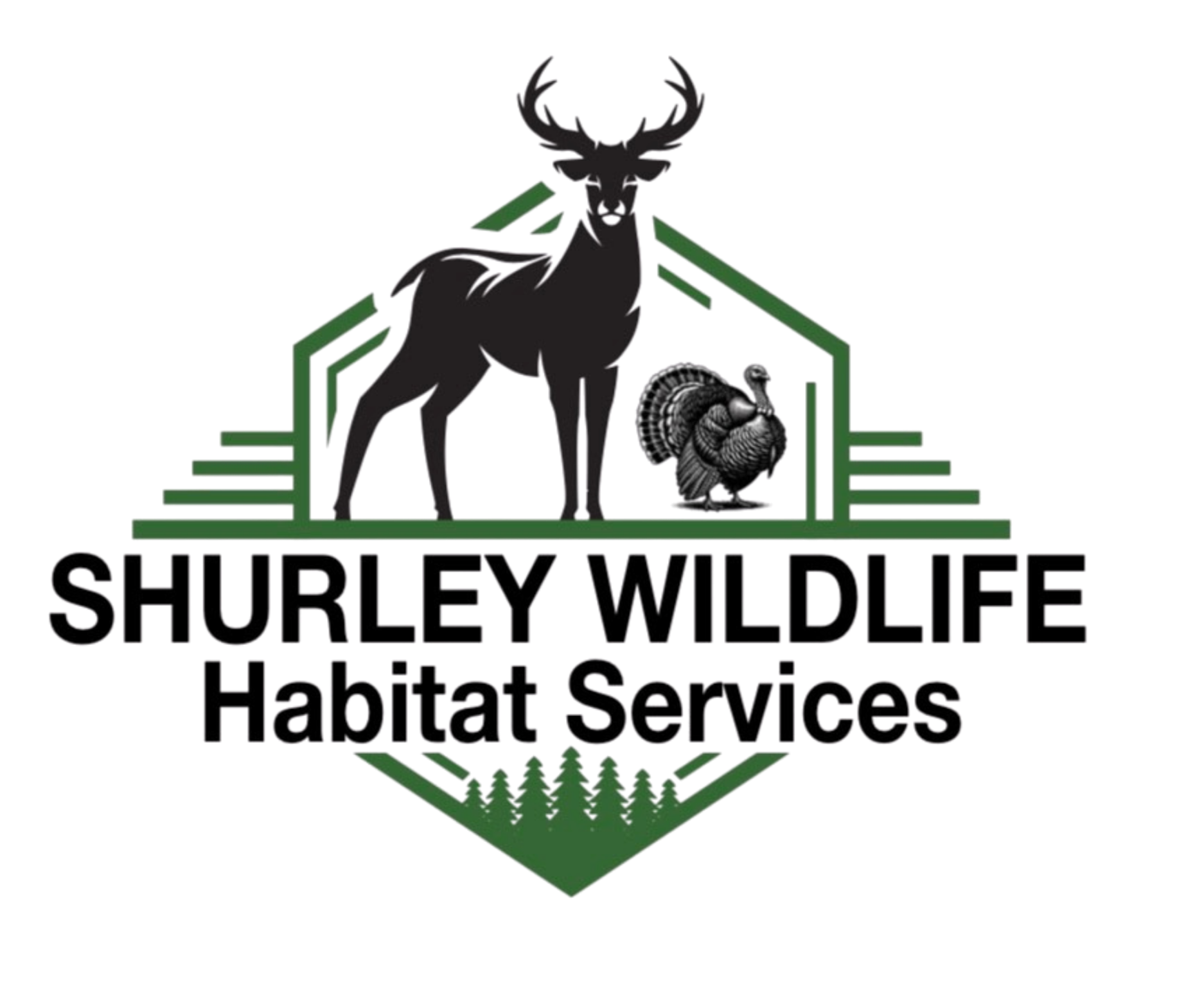 Logo of Shurley Wildlife Habitat Services featuring a black deer and a wild turkey against a geometric green outline and a forested ground, with the company name below.